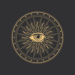 Esoteric magic symbol, occult, mystic alchemy and astrology, vector tarot card. Esoteric symbol of sun and eye in sacred spiritual circle of moons, occult magic emblem or sacred geometry sign
