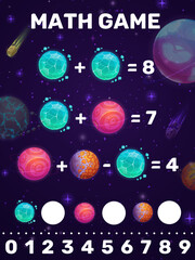 Math game addition puzzle worksheet. Cartoon galaxy space planets and comets. Kids math puzzle, mathematical riddle or vector quiz with fantasy crystal or icy planets, comets flying in outerspace