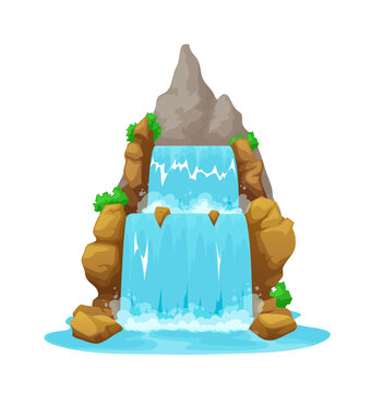 Cartoon waterfall, isolated mountain water cascade. Tropical island waterfall, clean stream travel landscape or game asset. Mountain river blue aqua flow cascade environment scene vector background