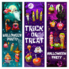 Halloween party banners, cartoon Halloween candy characters in horror night monster costumes. Vector scary pumpkins and ghosts with trick or treat sweet food, chocolate cupcakes and lollipops