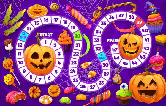 Cartoon Halloween holiday pumpkins, sweets and candies. Kids step board game with Halloween sweet treats, pumpkin Jack o lantern and spiderweb. Halloween dice game, children race playing activity