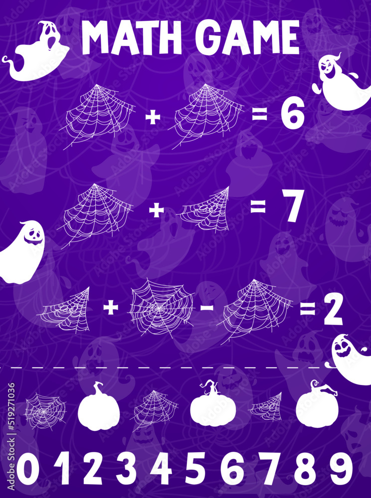 Poster halloween math game worksheet. cartoon spiderweb and cobweb, ghost silhouettes. kids educational puz