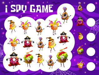 I spy game, cartoon Halloween candy characters vector puzzle or riddle game. Kids education worksheet with trick or treat sweets, find and count personages of pumpkin cupcake and chocolate witch