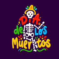 Dia de Los Muertos. Mexican cartoon banner with skeleton. Day of the Dead holiday party, mexican Dia de Los Muertos vector background with human funny skull, skeleton bones and color typography