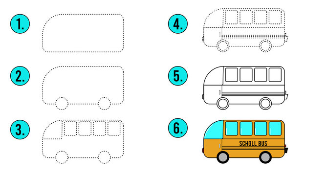 Coloring Page Outline and drawing tutorial. How to draw a car. School bus to be traced. Vector trace game. Step by step. Dot to dot educational game for kids.