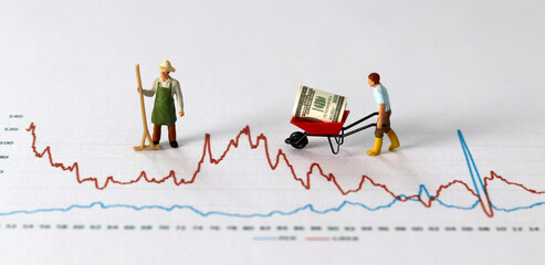Business concept with graphs and miniature people. A miniature man carrying dollars in the cart on...