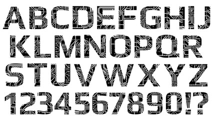 Set of latin digital alphabet perforated with PCB circuit board tracks isolated on white. Black capital letters silhouettes for modern digital world. Design element.