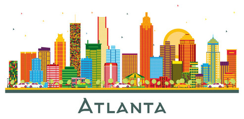 Atlanta Georgia USA City Skyline with Color Buildings and Blue Sky Isolated on White. - obrazy, fototapety, plakaty