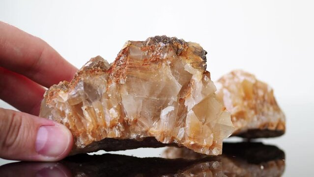 Wild Druse from the bottom of the sea. Natural precious raw citrine on the table. Geological crystals of citrine geode. Citrine Semi Precious Geode Crystals Geological Mineral Isolated.