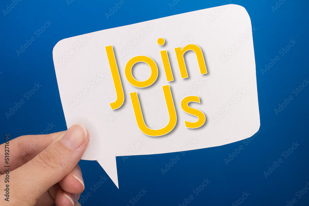 Aufkleber speech bubble in front of colored background with join us text.