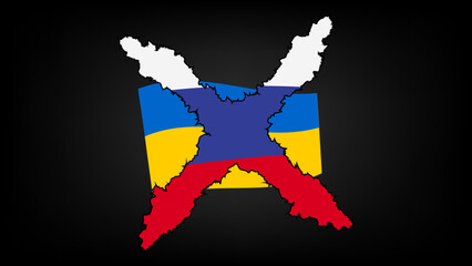 Flag of Russian Federation crosses out Ukrainian flag on black background. Pressure on Ukraine from Russia.