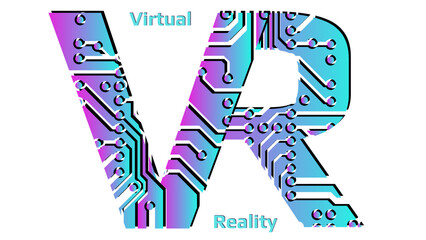 Colorful letters VR abbreviation for Virtual Reality perforated with PCB circuit board tracks isolated on white background. Concept for logo, banners or advertising.
