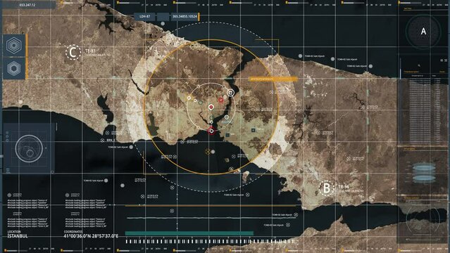 Satellite Navigation Interface Sends Coordinates Of Terrorist Base To Military Drones. Area Surveillance System Discovers Terrorists For Military Combat Drones. Terrorism Prevention Military Drones