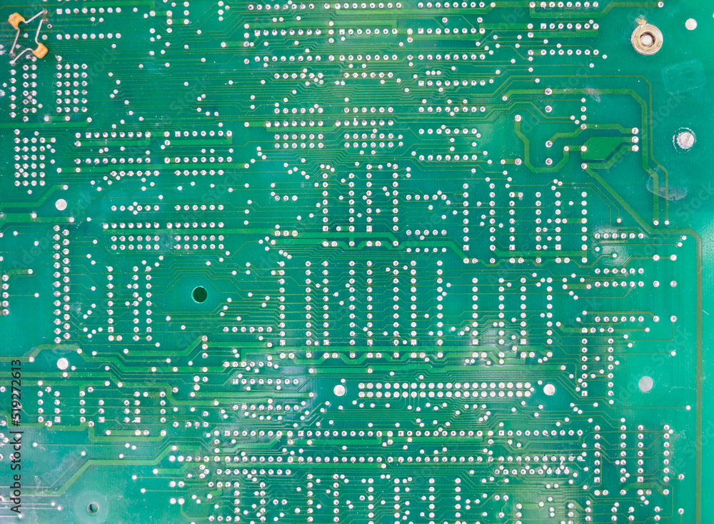 Poster old computer chips that are out of order. not working microshops with transistors, chips and conduct