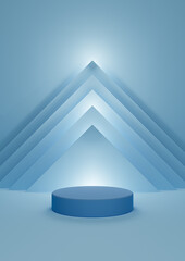 Obraz premium Bright, light sky blue 3D illustration simple, minimal product display with one cylinder stand with abstract pyramid triangle and lights at the top in the background
