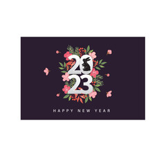 Happy new year 2023, Vector new year card design template, new year numbers and text, rabbit silhouette, winter plants.