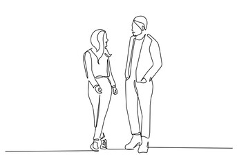 Woman and Man Talking Trendy Line Art Drawing. Group of Peoples Talking Minimalist Black Lines Drawing on White Background. Continuous One Line Abstract Drawing. People Modern Design. Vector EPS 10	