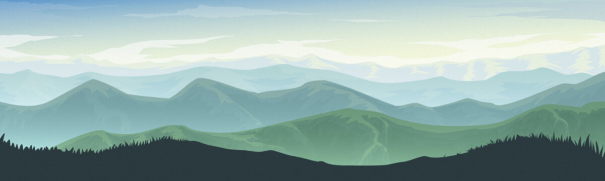 Mountain landscape in the morning when the sun is rising over the mountains.  landscape mountain vector picture  For designing book covers, website templates.