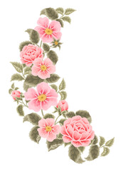 Fototapeta premium Pastel pink floral bouquet illustration with roses, peony, green leaf branches for wedding stationary, greeting card decoration, feminine and beauty elements isolated on white background