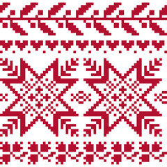 Christmas scandinavian ornament, pixel seamless pattern, red snowflakes on white background