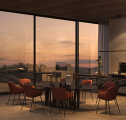 Elegant kitchen and dining room with bright night sky, stone floor, wooden ceiling. 3d render illustration interior apartment.