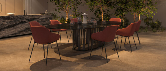 Luxury kitchen and dining room with night light, green plants, marble island, stone floor. 3d rendering illustration interior apartment. Web banner.