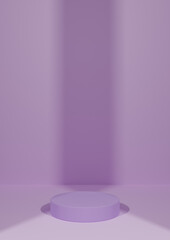 Light, pastel, lavender purple 3D rendering simple, minimal, blank product photography display background with one cylinder podium stand with two lights shining spot light centered and vertical
