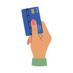 Female hand holding a credit card. Cashless payment, virtual money for business, digital transactions, banking. Hand drawn colored vector illustration isolated on white background. Flat cartoon style.