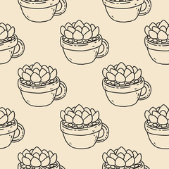 Cute cartoon succulent plants doodles seamless border pattern. Potted plant vector repeatable background texture tile. Cozy template of stock print for wrapping design, wallpaper