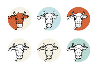 Farm animal. Set of cows. Hand drawn sketch. Vintage style. Vector illustration. Cow head. Silhouette for design.
