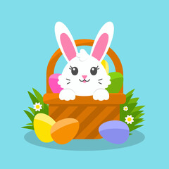 Happy Easter. Cheerful rabbit in a basket with painted eggs on the green grass. Colored flat vector illustration isolated on blue background. Cartoon character.