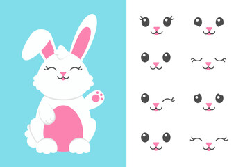 Obraz na płótnie Canvas Cute rabbit. A set of emotions. Happy Easter. Colored flat vector illustration isolated on blue background. Cartoon character.