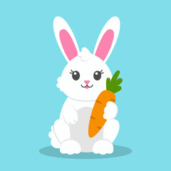 Cheerful white rabbit with carrot. Colored flat vector illustration isolated on blue background. Cartoon character.
