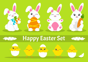 Obraz na płótnie Canvas Happy Easter. Set of little cute rabbits. Carrot, bunny, eggs, chicken. Colored flat vector illustration isolated on green background. Cartoon character.