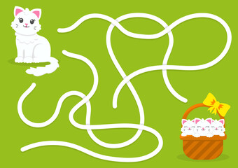 Maze game for kids. Help the cat find kittens. Labyrinth for children. Flat vector illustration isolated on color background. Cartoon character.