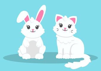 Cute cat and rabbit. Colored flat vector illustration isolated on color background. Cartoon character.