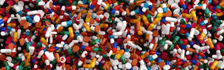 Falling antibiotic capsules out of the pill bottle, health care and medical concept, Template Horizontal Banner header for Website, 3D rendering.