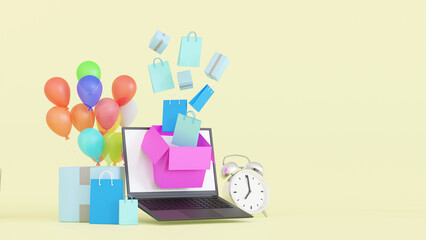 Online shopping time, shopping bag with gift box and laptop e-commerce concept, 3D rendering.
