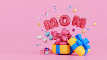 Happy mothers day Celebration, Balloon Mom text with gift box, heart love, 3D rendering.