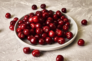 red ripe cherries in a plate on the table