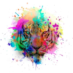 Gordijnen Colorful hand-drawn tiger muzzle, abstract colorful background color art © reznik_val