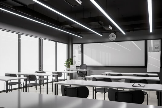 Modern style minimal black and white classroom 3d render,The rooms have gray walls ,white floor, and black ceiling decorated with white tables and gray fabric chairs