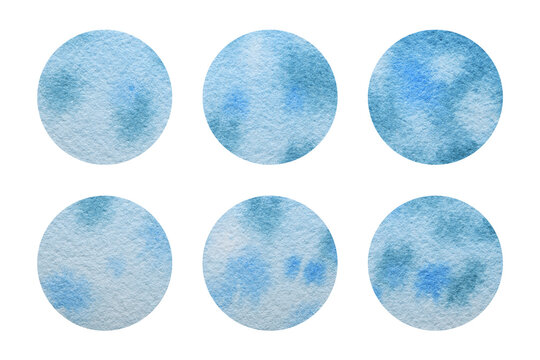 Round watercolor stickers set isolated on white background. Blue abstraction with spots and strokes