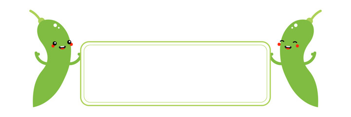 Couple of cute smiling edamame, green soy beans characters holding in hands blank card, banner.