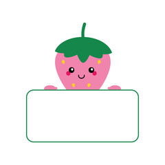 Cute smiling cartoon style pink strawberry character holding in hands blank card, banner.