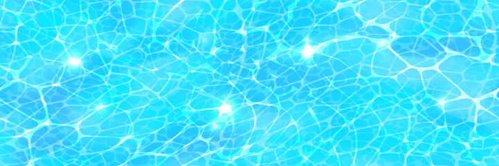 Water surface top view horizontal background with sunlight glare reflections, caustic ripples and waves. Clear blue ocean texture. Bright vector summer time background.