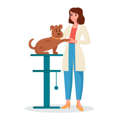 Veterinary doctor appointment. A female veterinarian treats a dog. Pet care, animal medical diagnosis. Flat vector illustration