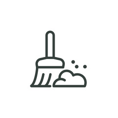 Thin Outline Icon Broom, Besom or Short Brush of Bound Straw Near a Pile of Garbage. Such Line sign as Cleaning Garbage, Cleanup, Sweeping. Vector Computer Pictograms White Background Editable Stroke.