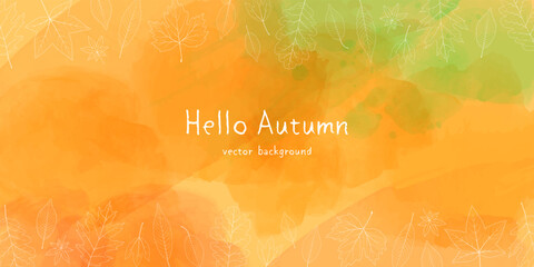 Vector illustration of autumn banner background. Botanical leaves line art and watercolor. - obrazy, fototapety, plakaty