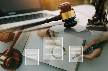 Business and lawyers discussing contract papers with brass scale on desk in office. Law, legal...